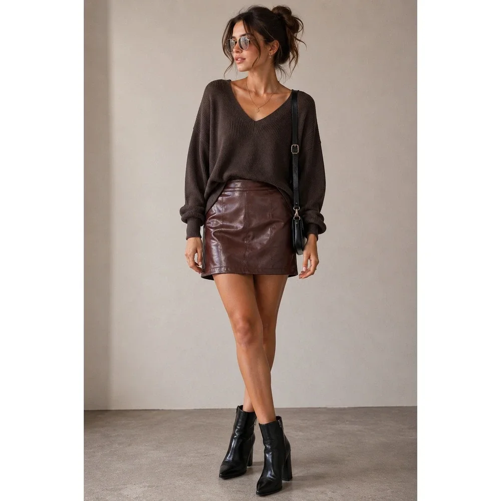 Chocolate Rrown‎ Faux Leather Mini Skirt Y2K Streetwear Minimalist Vegan Small